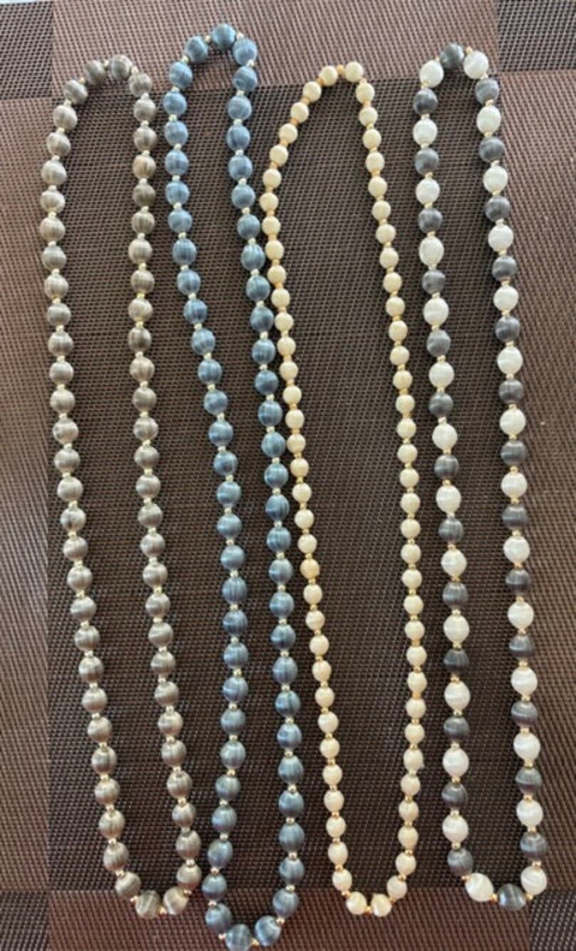 4 Vintage Strands Satin/Silk Wrapped Bead Gold Tone Necklace Lot Cat Eye Sheen